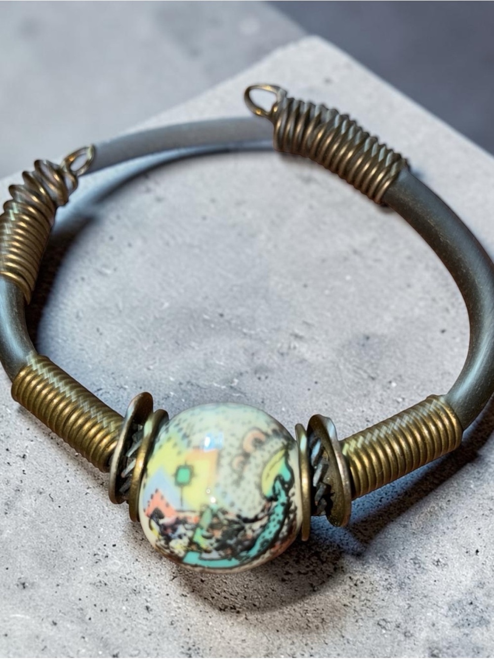 Vintage Ceramic Bead Bracelet with Antique Brass Accents with leather and metal